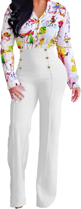 A ADILACA Women's 6-Button Trousers, Casual Work Office Basic Flare Dress Pants, High Waist Straight-Leg Long Pants A ADILACA Women's 6-Button Trousers, Casual Work Office Basic Flare Dress Pants, High Waist Straight-Leg Long Pants