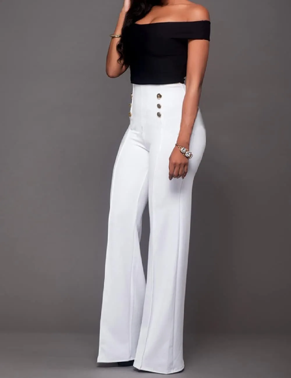 A ADILACA Women's 6-Button Trousers, Casual Work Office Basic Flare Dress Pants, High Waist Straight-Leg Long Pants