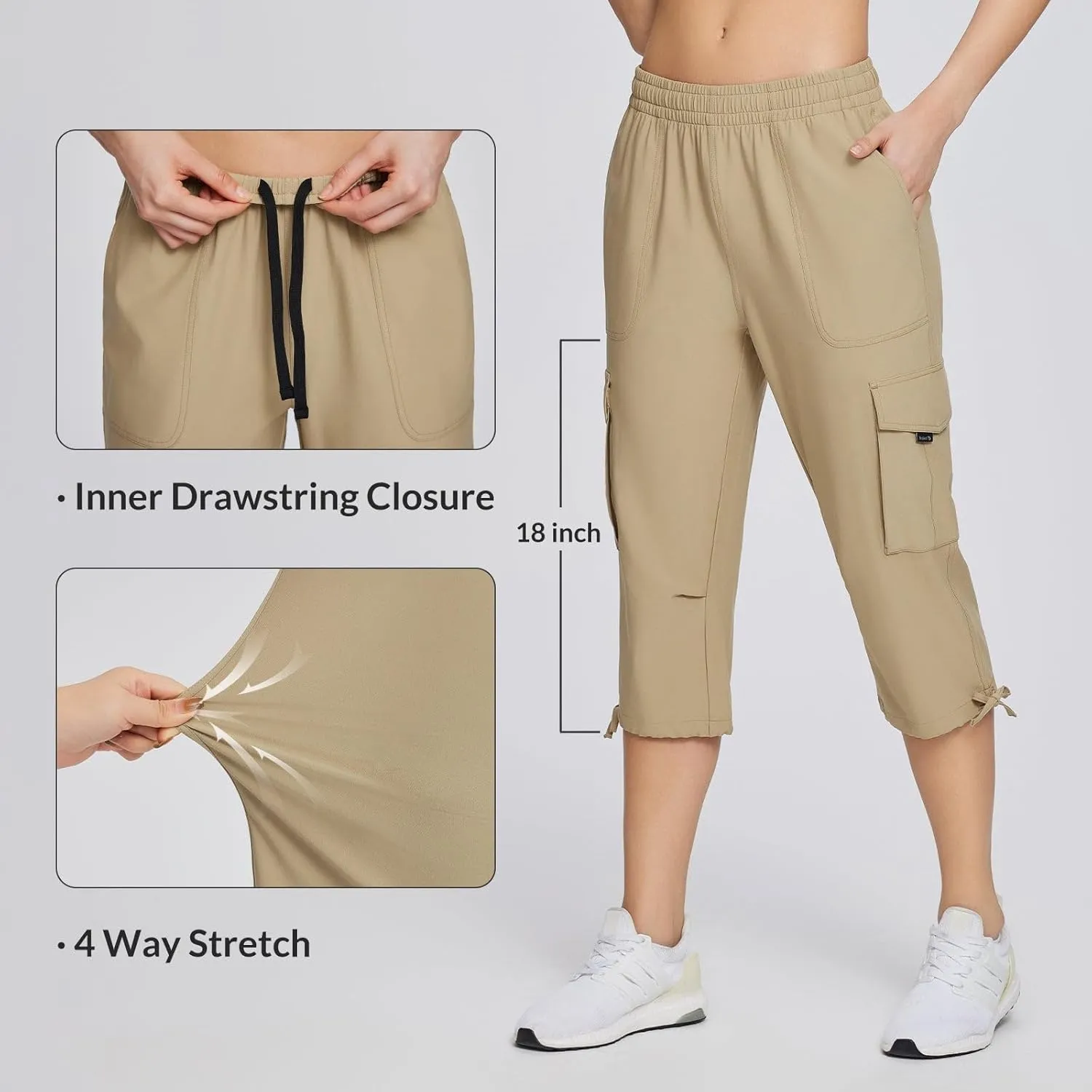 baleaf Women's 15" Cargo Capri Hiking Pants Quick Dry Lightweight Elastic Waist Outdoor Hiking Travel Casual with Pocket