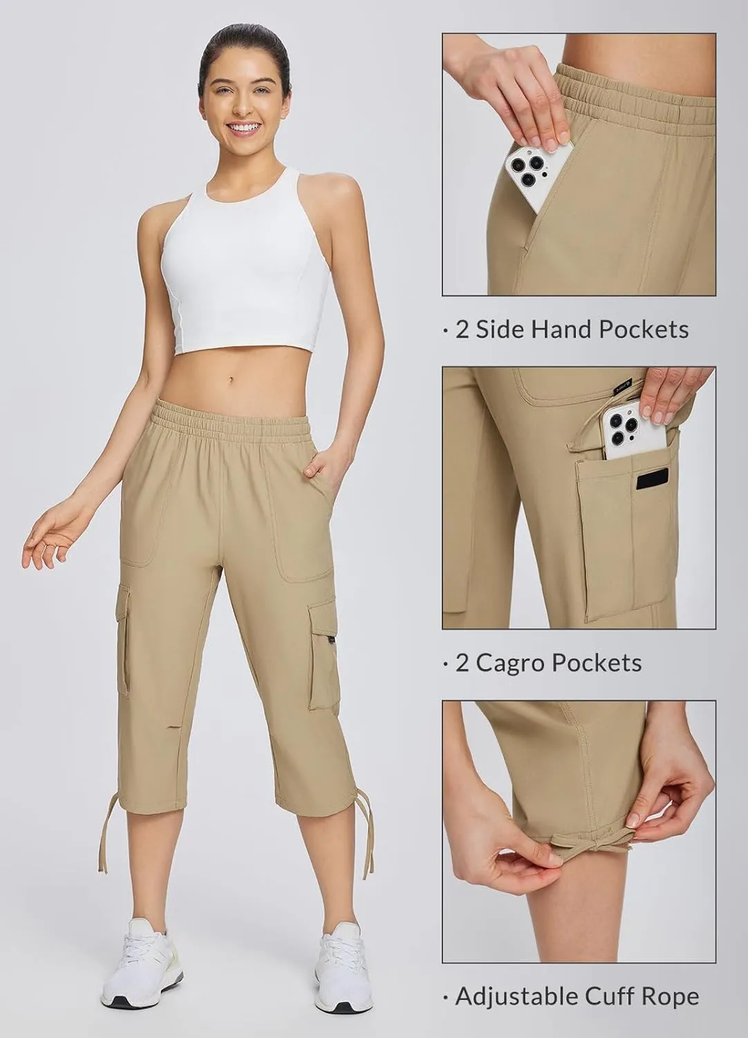 baleaf Women's 15" Cargo Capri Hiking Pants Quick Dry Lightweight Elastic Waist Outdoor Hiking Travel Casual with Pocket
