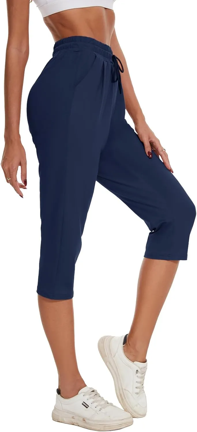 BATHRINS Women's Capri Sweatpants Summer Casual Jogger Drawstring Waist Pants with Back Pockets