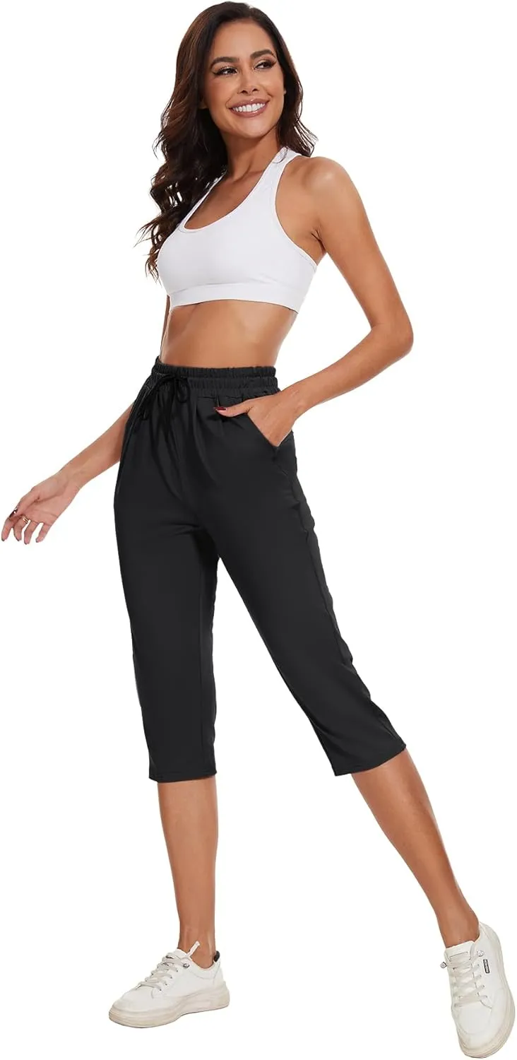 BATHRINS Women's Capri Sweatpants Summer Casual Jogger Drawstring Waist Pants with Back Pockets