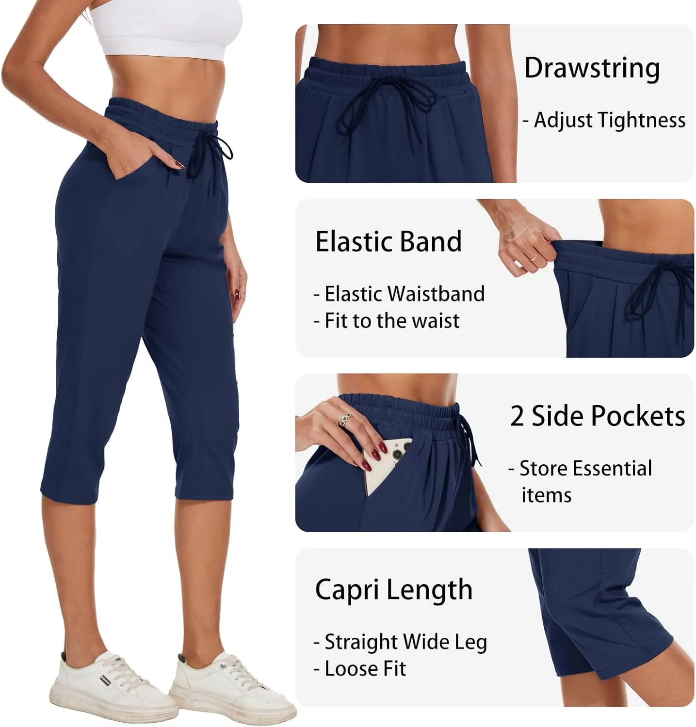 BATHRINS Women's Capri Sweatpants Summer Casual Jogger Drawstring Waist Pants with Back Pockets