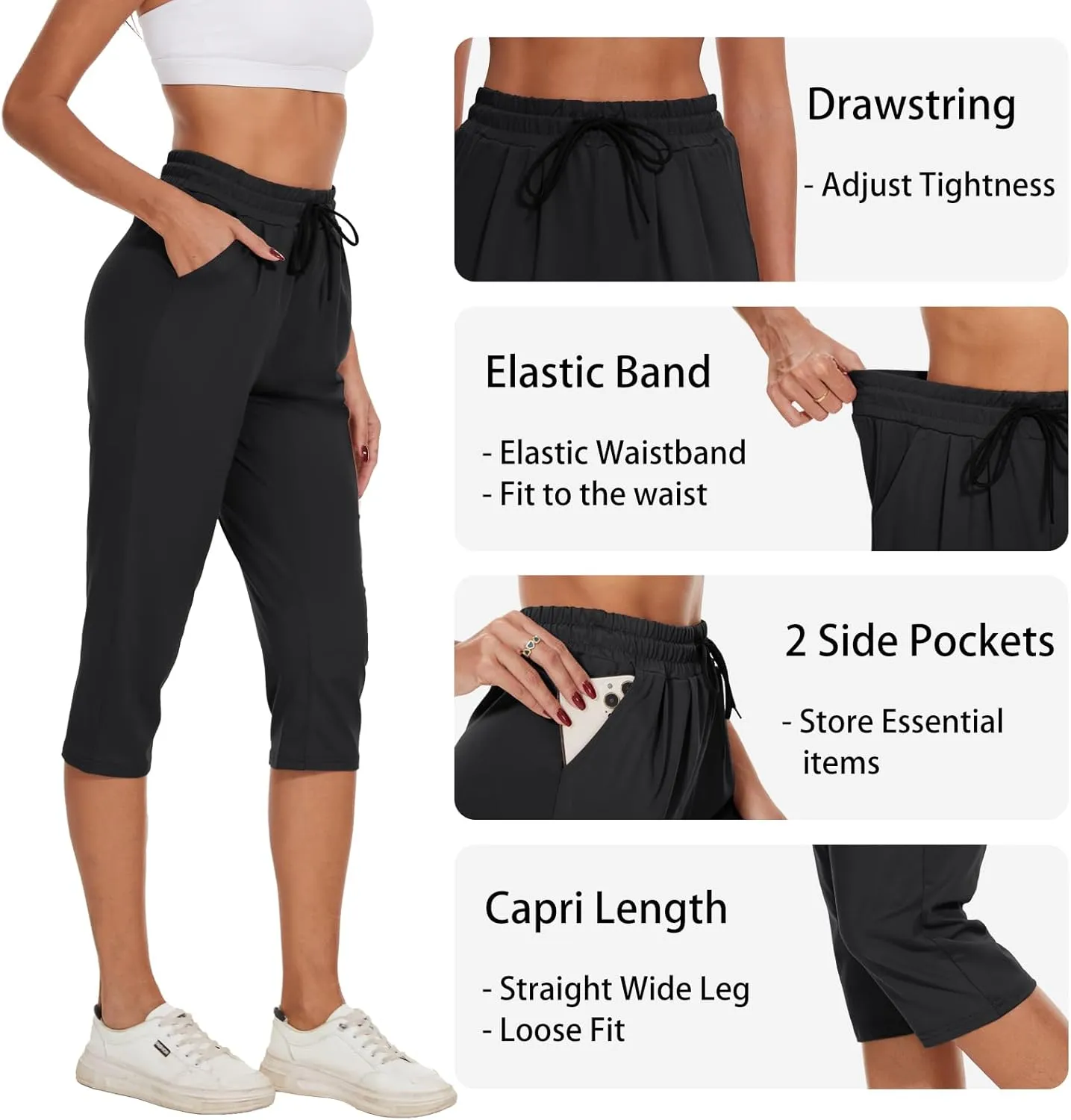 BATHRINS Women's Capri Sweatpants Summer Casual Jogger Drawstring Waist Pants with Back Pockets