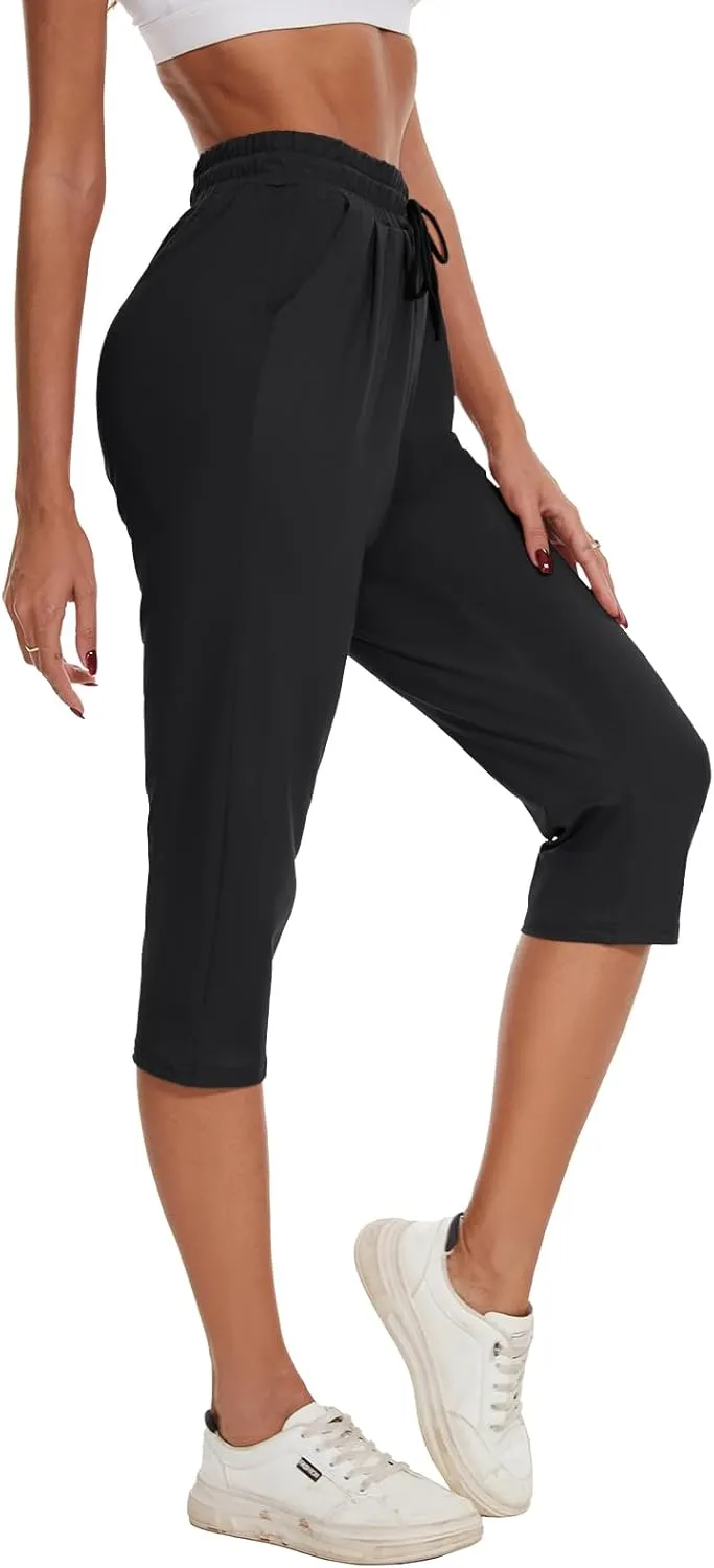 BATHRINS Women's Capri Sweatpants Summer Casual Jogger Drawstring Waist Pants with Back Pockets