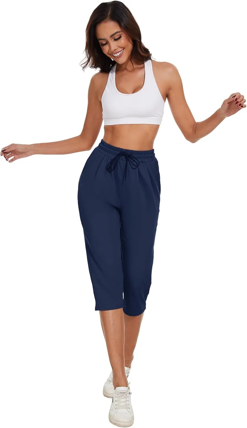 BATHRINS Women's Capri Sweatpants Summer Casual Jogger Drawstring Waist Pants with Back Pockets