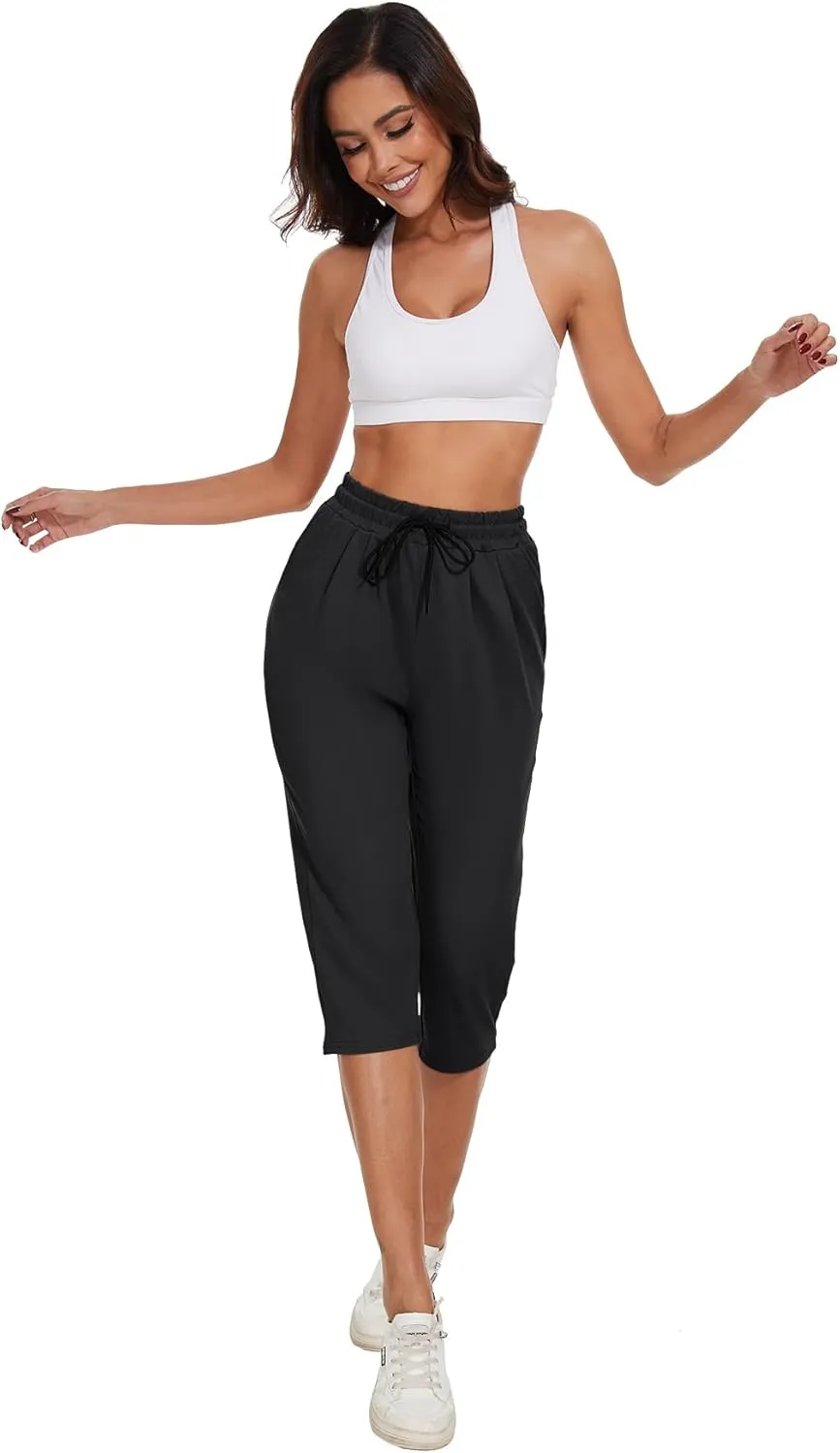 BATHRINS Women's Capri Sweatpants Summer Casual Jogger Drawstring Waist Pants with Back Pockets