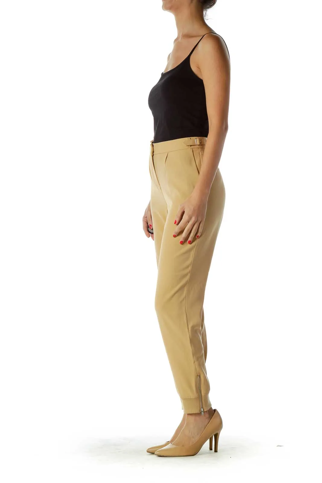 Beige Tapered Belted Pants