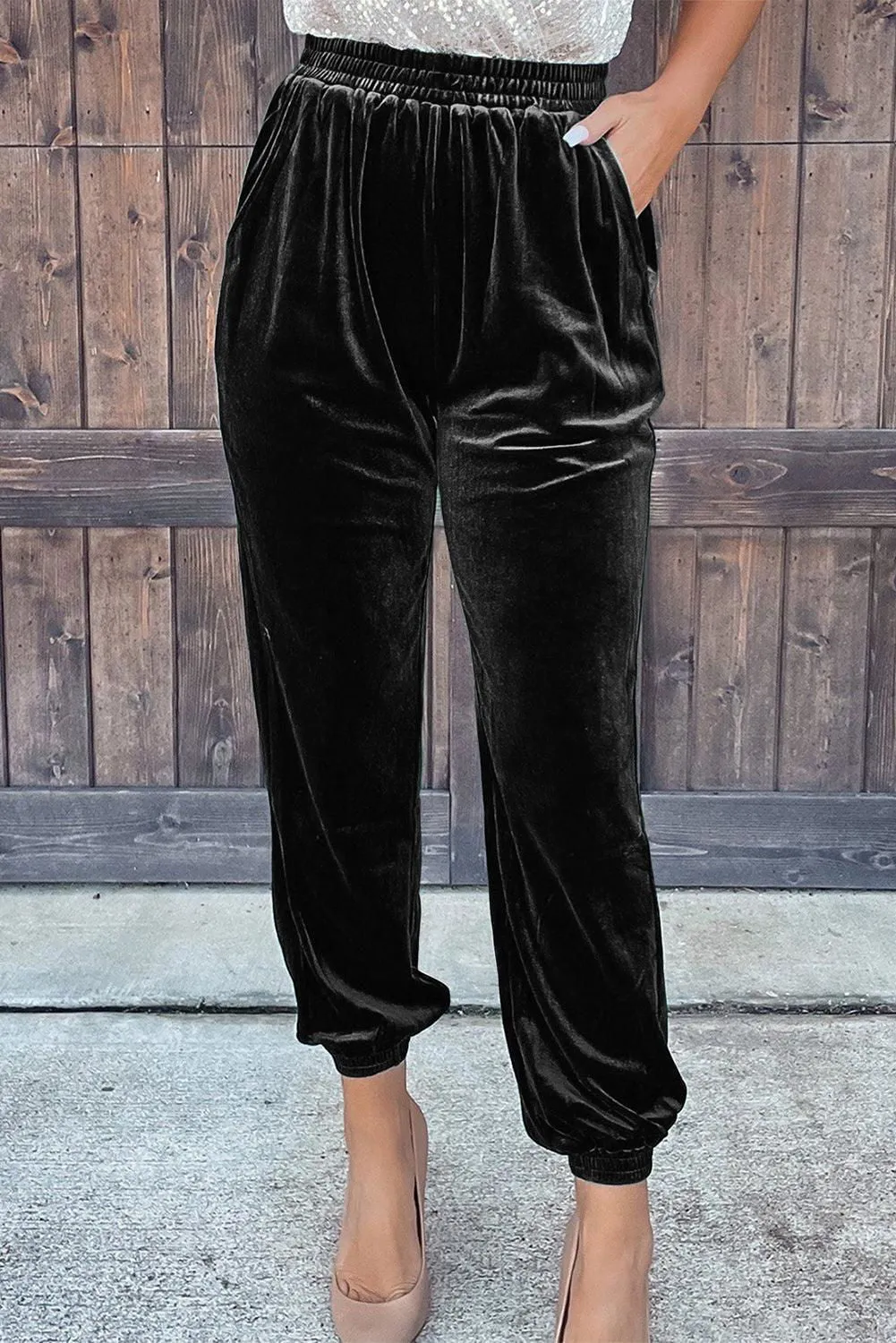 Black Vintage Pocket Velvet Jogger Pants - Luxurious Style
