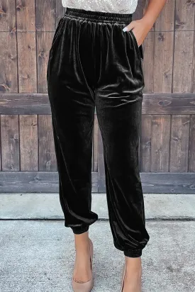 Black Vintage Pocket Velvet Jogger Pants - Luxurious Style