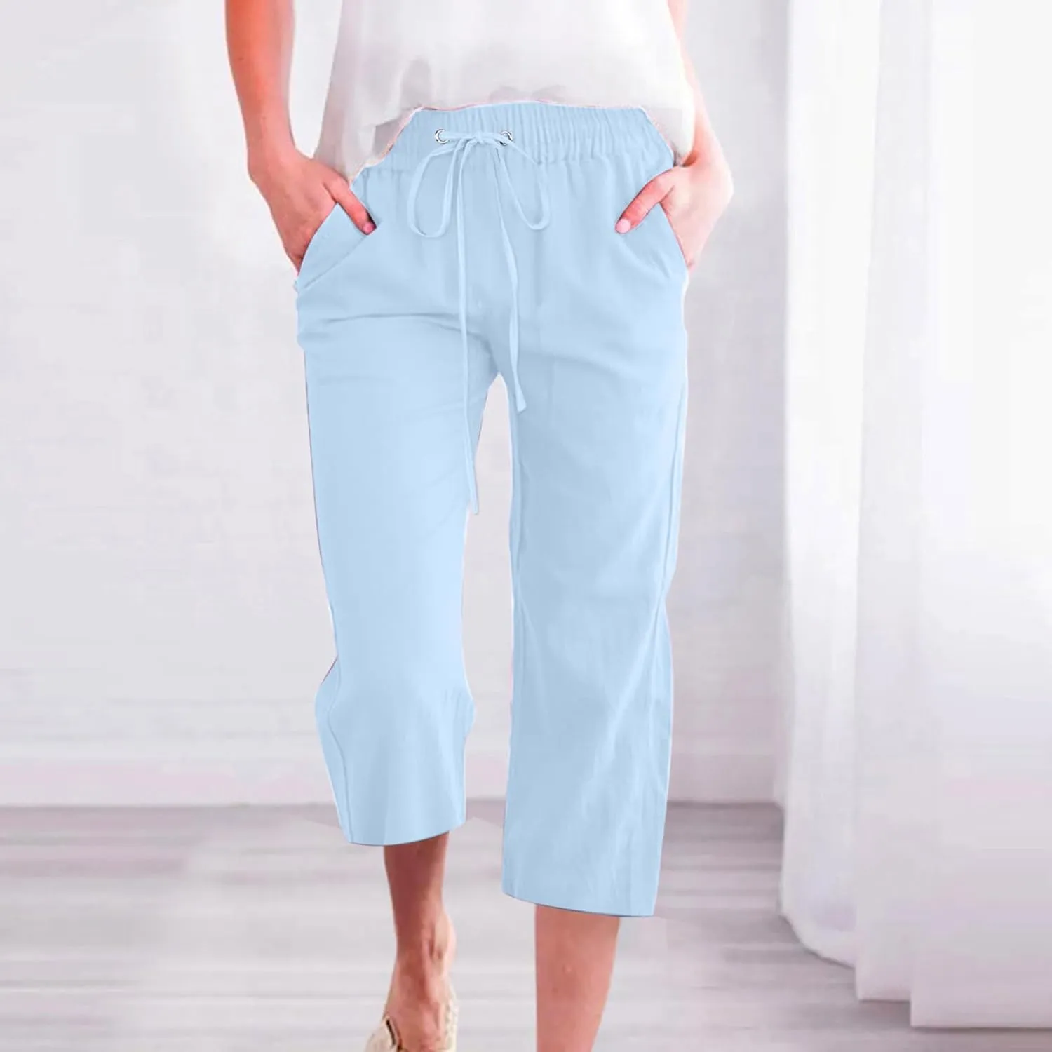 Capri Pants for Women Casual 2025 Summer Drawstring Elastic Waist Linen Pant Straight Wide Leg Pocket Cropped Trouser