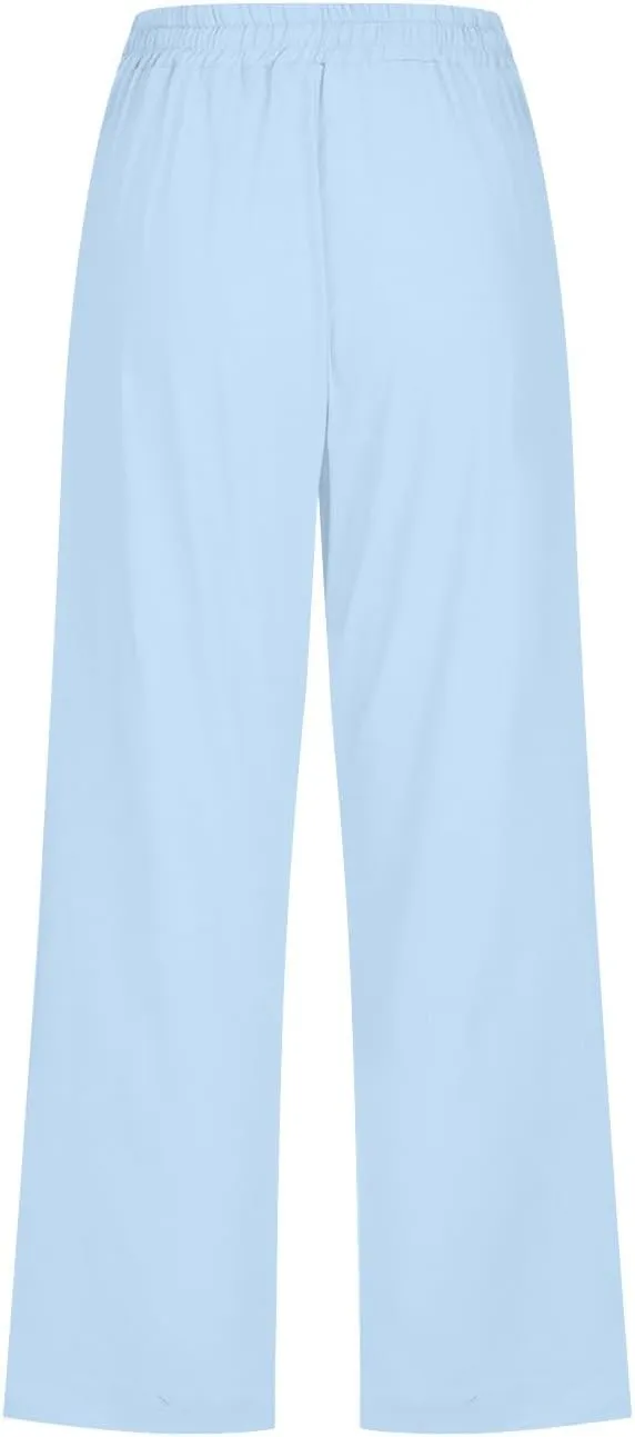 Capri Pants for Women Casual 2025 Summer Drawstring Elastic Waist Linen Pant Straight Wide Leg Pocket Cropped Trouser