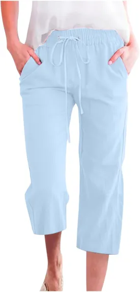 Capri Pants for Women Casual 2025 Summer Drawstring Elastic Waist Linen Pant Straight Wide Leg Pocket Cropped Trouser