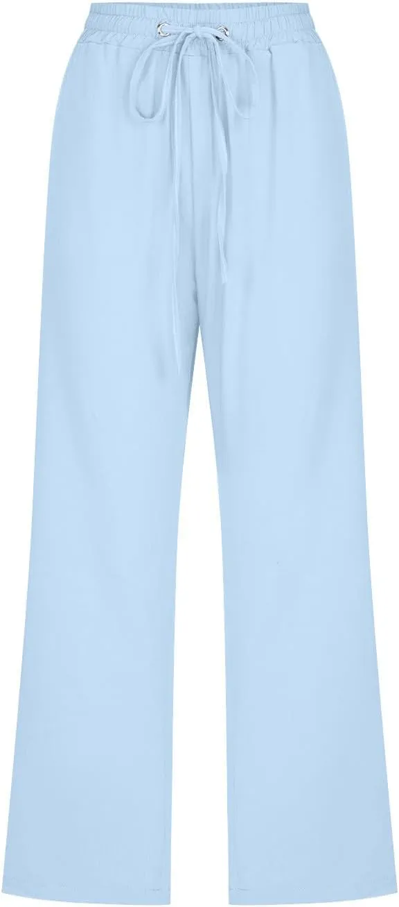 Capri Pants for Women Casual 2025 Summer Drawstring Elastic Waist Linen Pant Straight Wide Leg Pocket Cropped Trouser