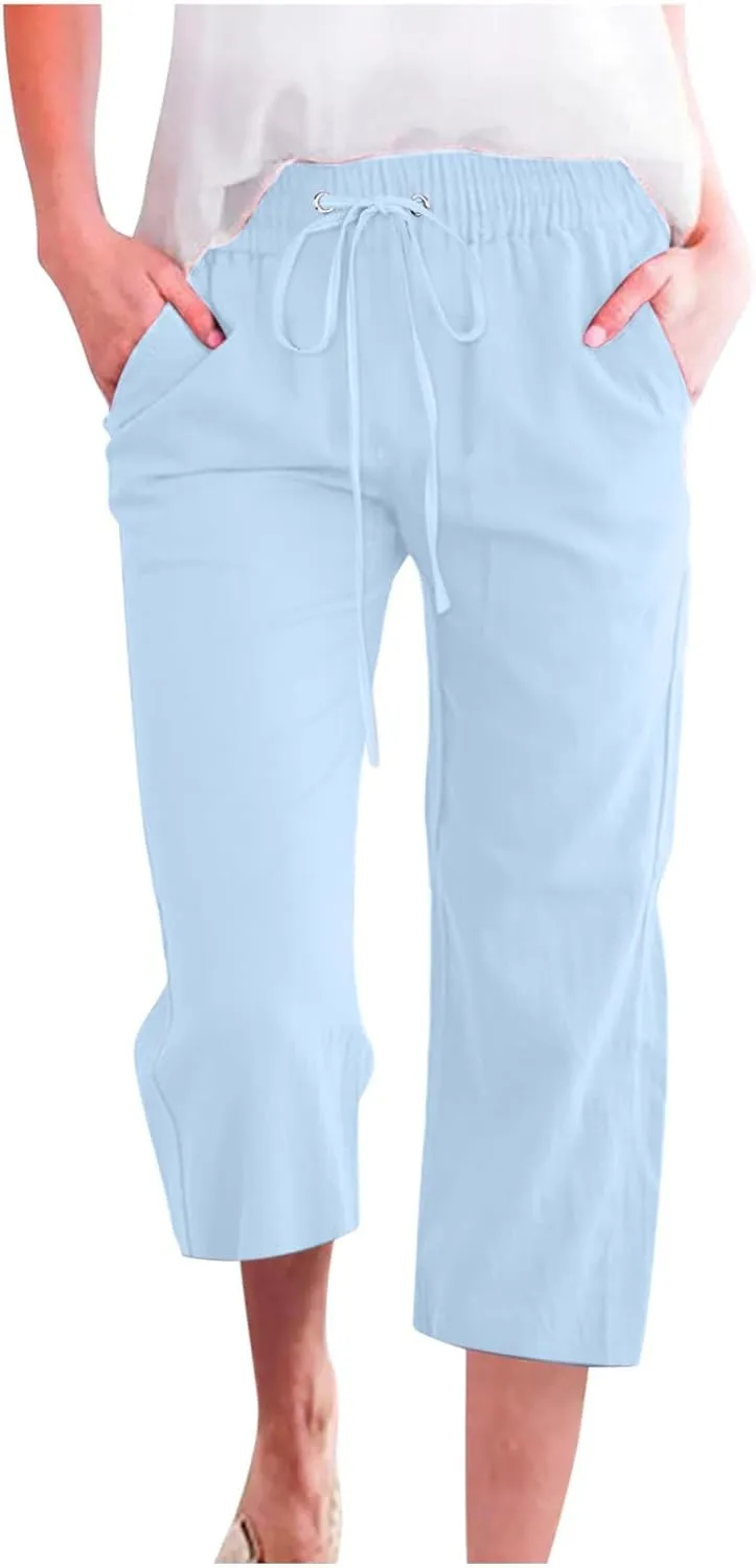Capri Pants for Women Casual 2025 Summer Drawstring Elastic Waist Linen Pant Straight Wide Leg Pocket Cropped Trouser