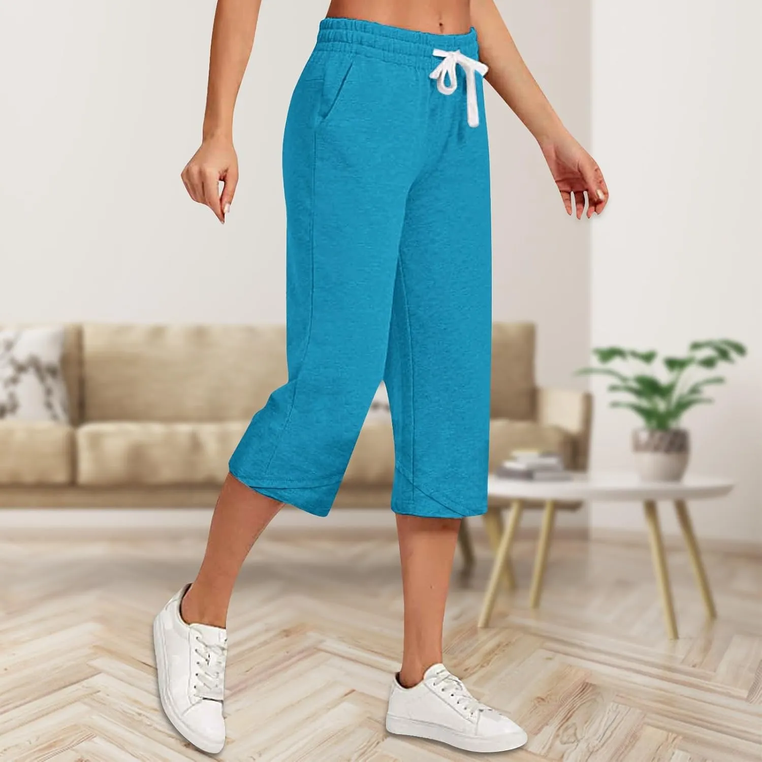 Capri Pants for Women Drawstring High Waisted Hiking Outdoor Camping Pants Active Joggers Sweatpants with Pockets