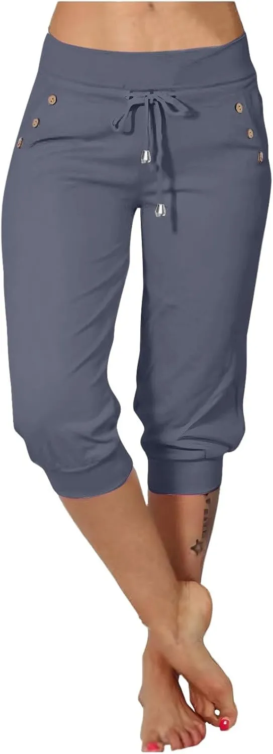 Capri Pants for Women Drawstring High Waisted Stretch Joggers Lightweight Casual Summer Hiking Pant with Pockets