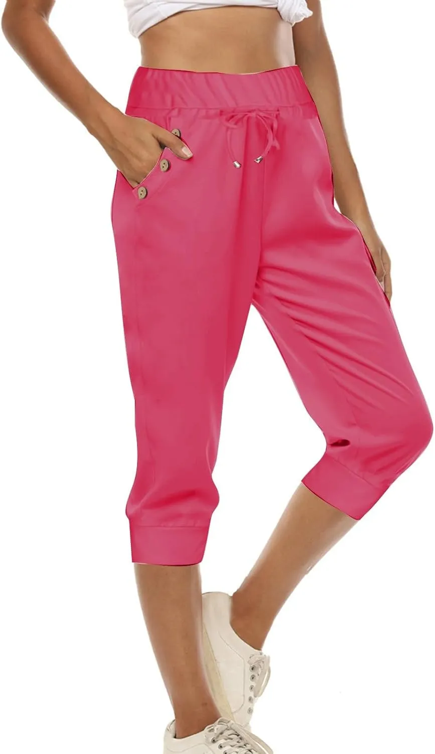 Capri Pants for Women Drawstring High Waisted Stretch Joggers Lightweight Casual Summer Hiking Pant with Pockets