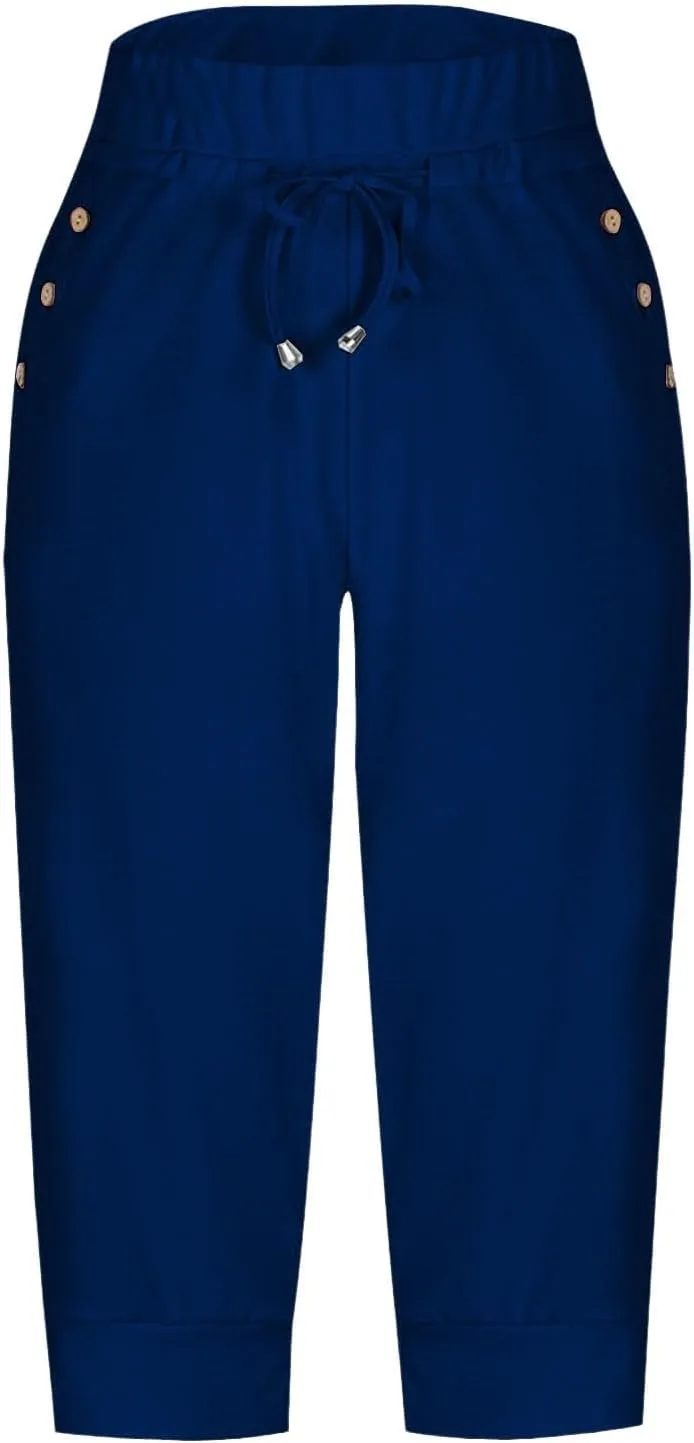 Capri Pants for Women Drawstring High Waisted Stretch Joggers Lightweight Casual Summer Hiking Pant with Pockets