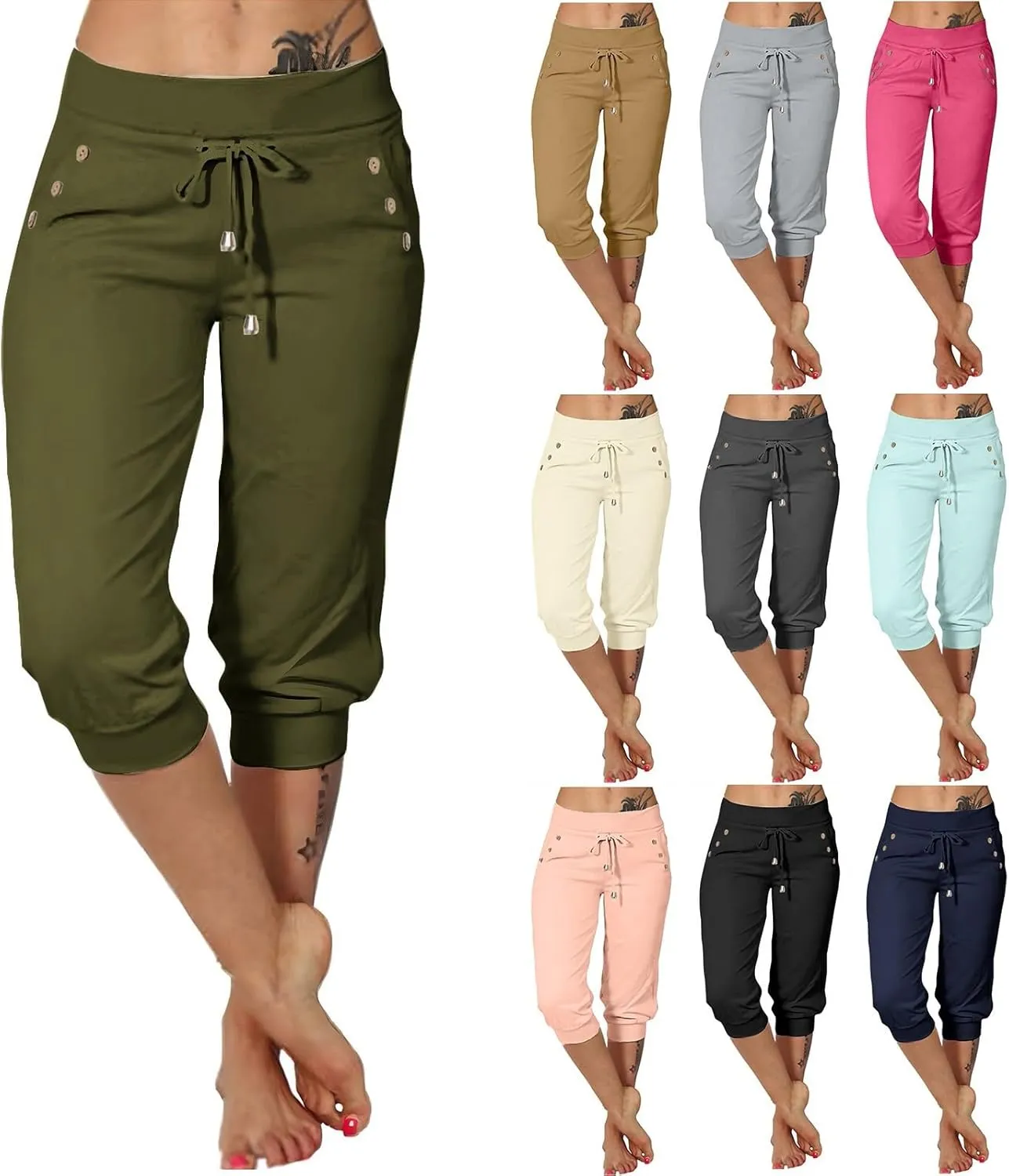Capri Pants for Women Drawstring High Waisted Stretch Joggers Lightweight Casual Summer Hiking Pant with Pockets
