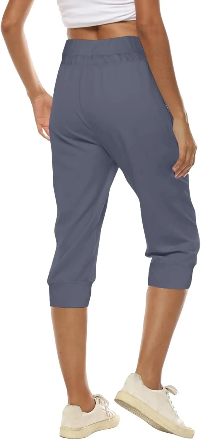 Capri Pants for Women Drawstring High Waisted Stretch Joggers Lightweight Casual Summer Hiking Pant with Pockets