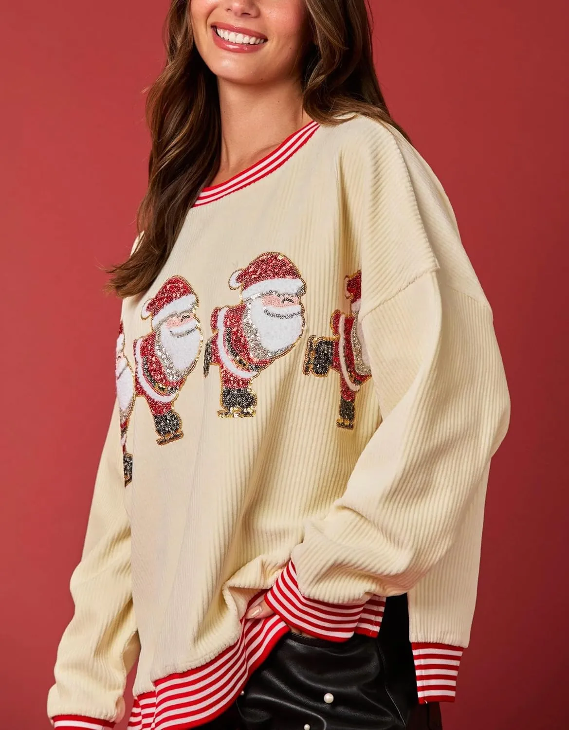 Christmas Sweatshirts Sequin Women Y2k Oversized Graphic Long Sleeve Sweater Holiday Merry Xmas Shirts Pullover Tops
