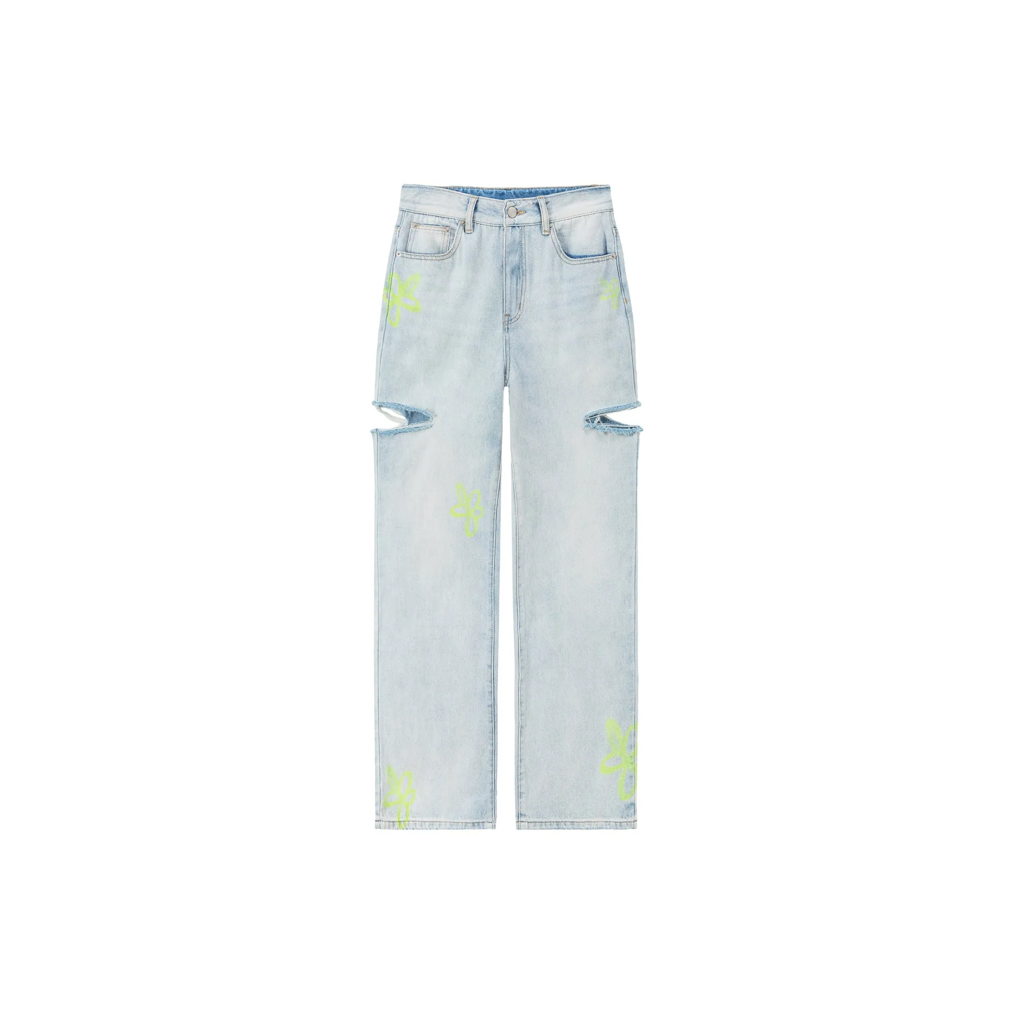 Color Flower Distressed Light Wash Straight Denim Jeans