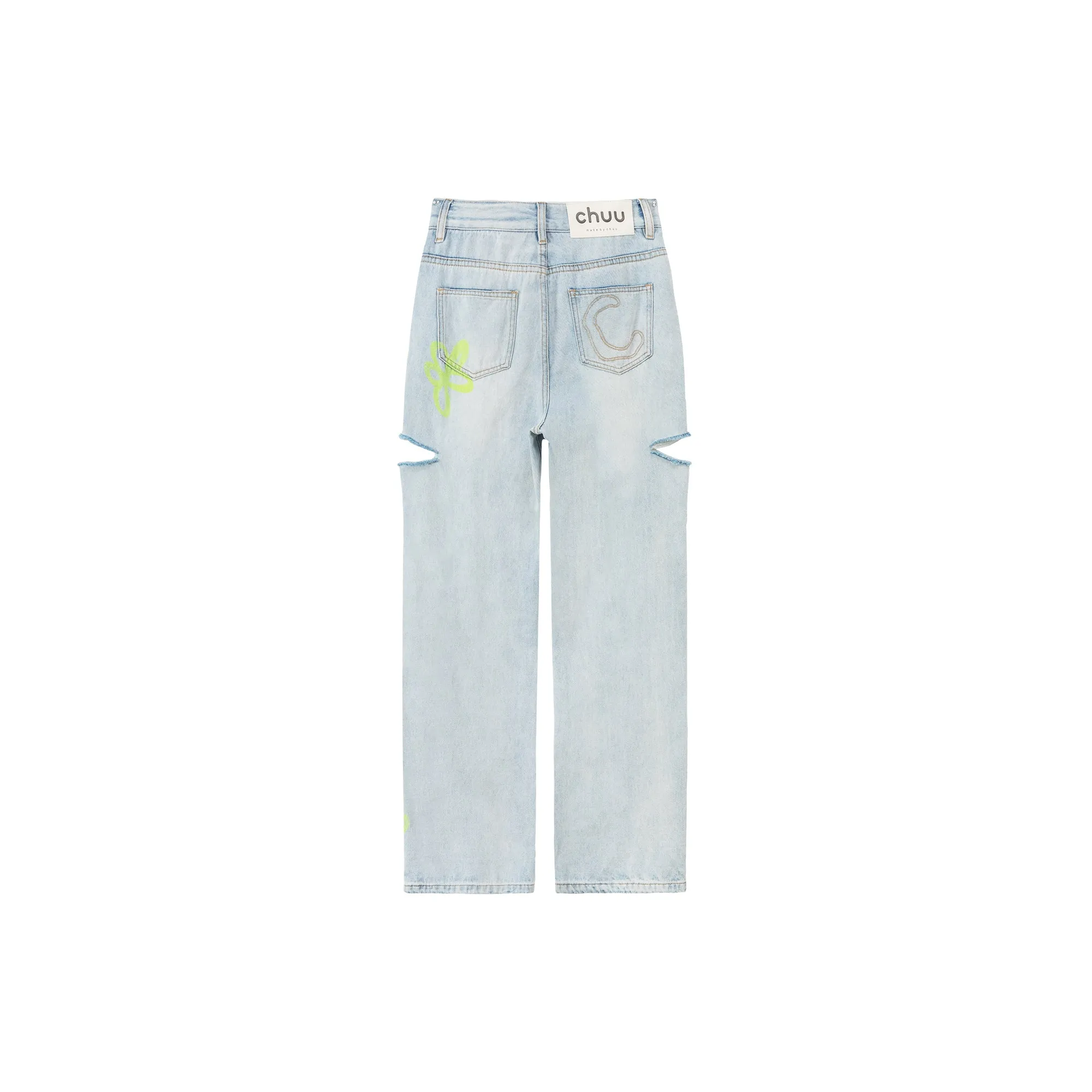 Color Flower Distressed Light Wash Straight Denim Jeans