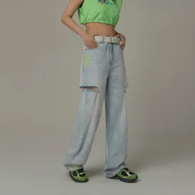 Color Flower Distressed Light Wash Straight Denim Jeans
