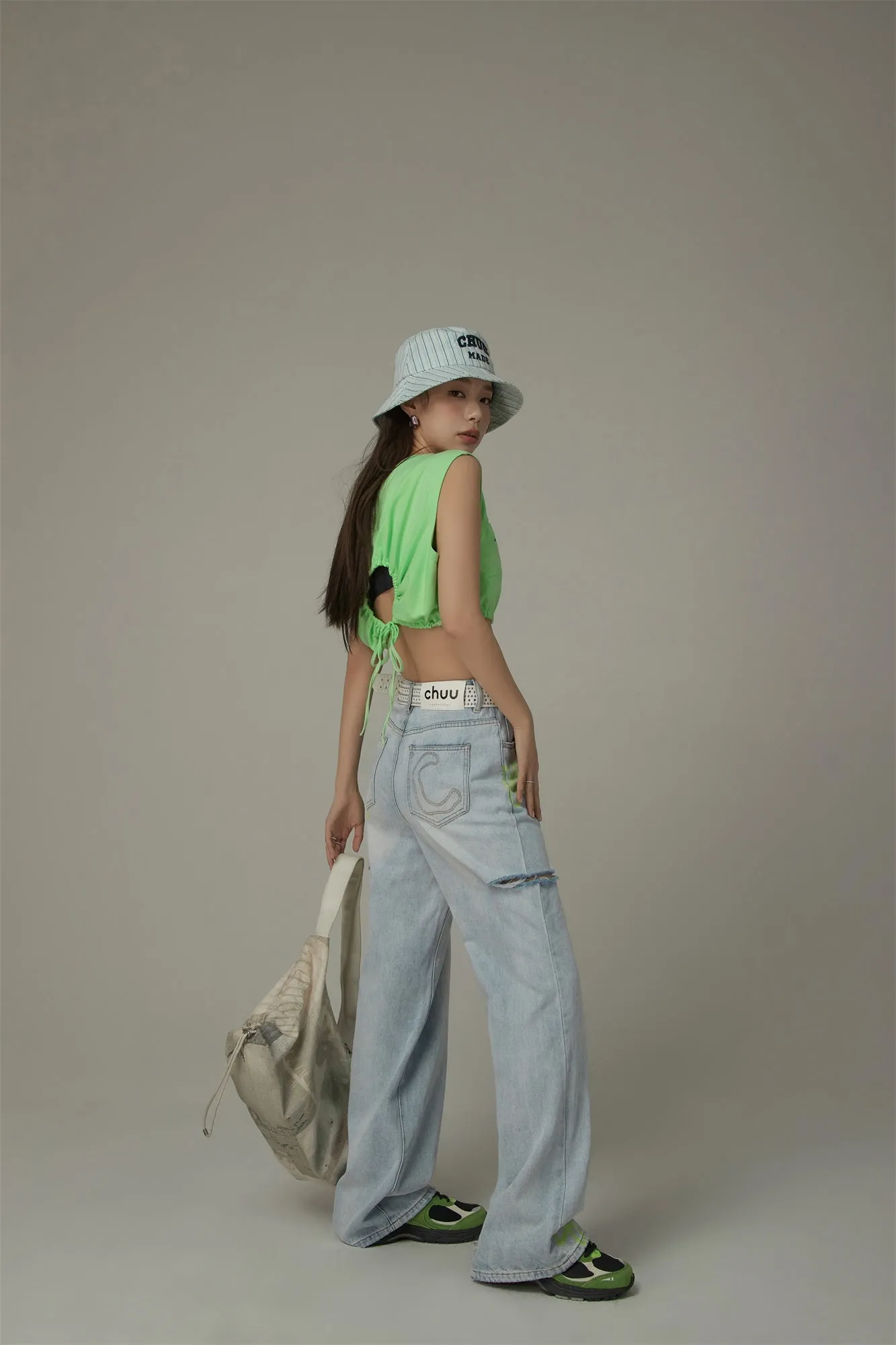 Color Flower Distressed Light Wash Straight Denim Jeans