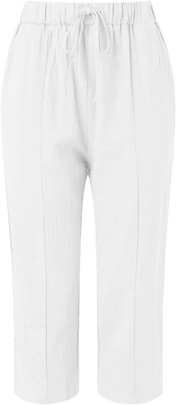 Cotton Linen Pants Women Summer Drawstring Waist Wide Leg Pants Casual Beach Long Trouser Beach Trousers Outfits