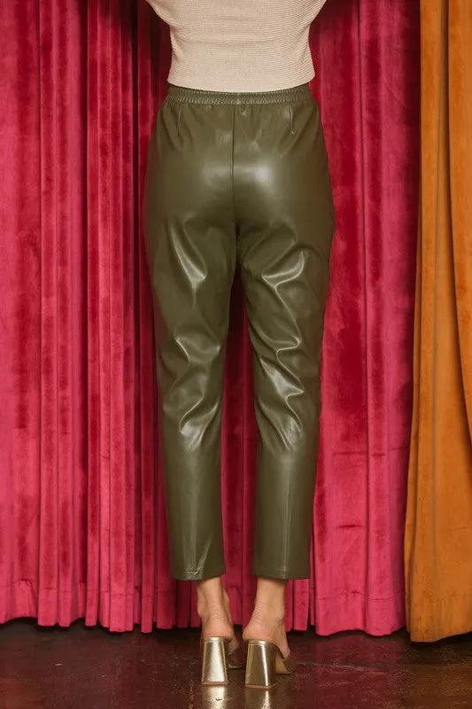 Dark Olive Vegan Leather Jogger Pants