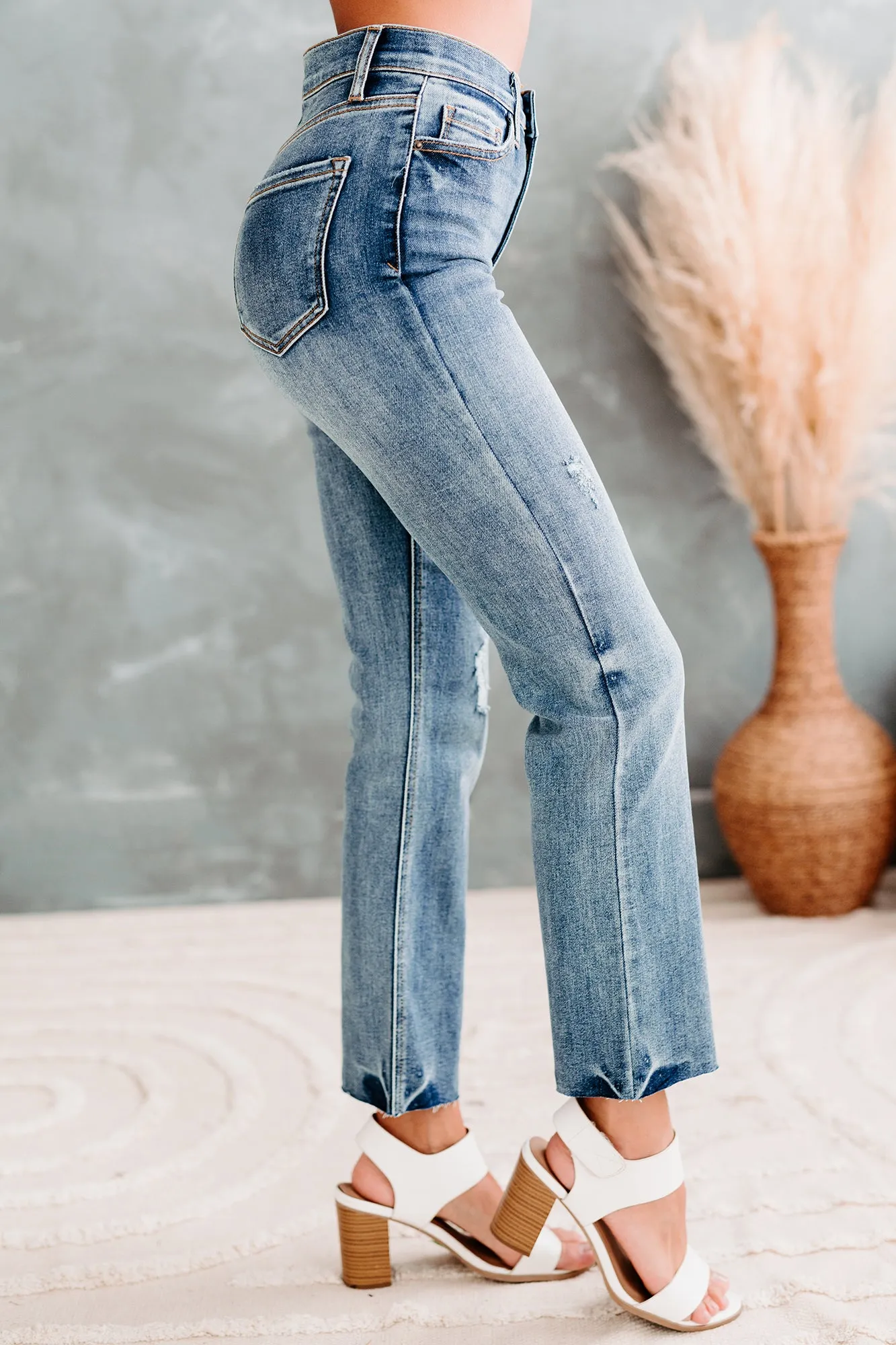 Della High Rise Straight Leg Distressed Sneak Peek Jeans (Medium Light)