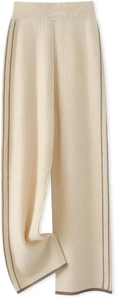 Disimlarl Woman's Pants Elastic beiged-Waist Wide Leg Pants Loose Long Trousers Wool Knit Full Length Pants