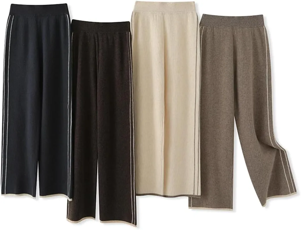 Disimlarl Woman's Pants Elastic beiged-Waist Wide Leg Pants Loose Long Trousers Wool Knit Full Length Pants