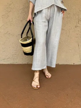 Elastic Linen Cropped Pants - Ice Grey