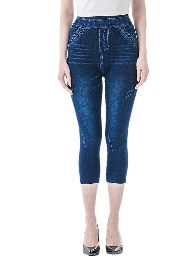 Faux Denim Casual Stretchy Calf-Length Comfort Women's Capri shorts