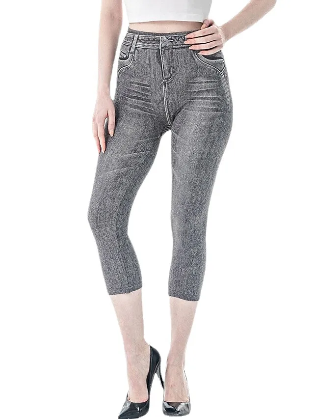 Faux Denim Casual Stretchy Calf-Length Comfort Women's Capri shorts