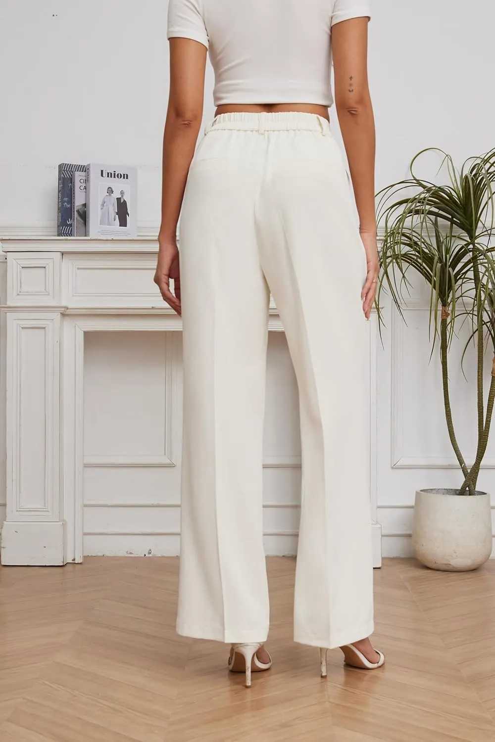 FUNYYZO Wide Leg Pants Women's High Elastic Waisted in The Back Business Work Trousers Long Straight Suit Pants
