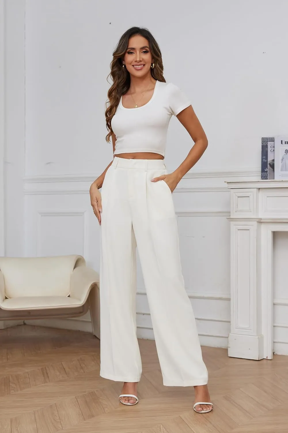 FUNYYZO Wide Leg Pants Women's High Elastic Waisted in The Back Business Work Trousers Long Straight Suit Pants