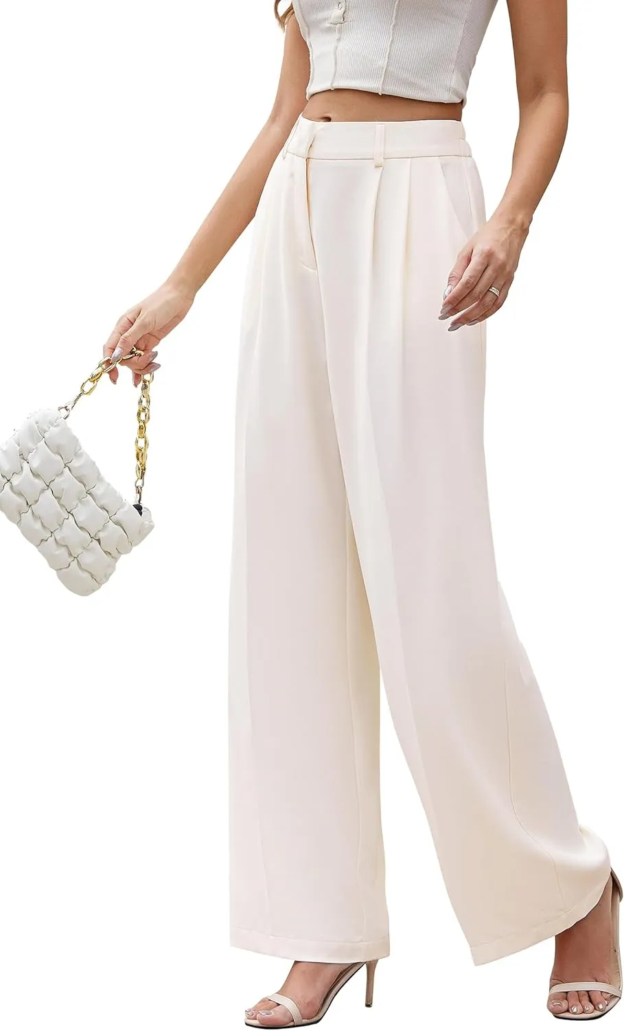 FUNYYZO Wide Leg Pants Women's High Elastic Waisted in The Back Business Work Trousers Long Straight Suit Pants