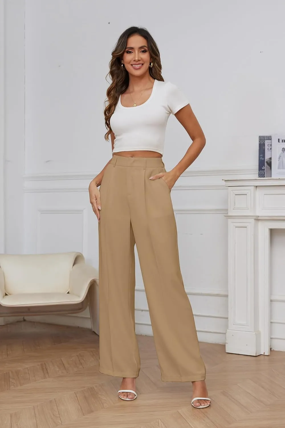 FUNYYZO Women Suit Pants Wide Leg Pants High Elastic Waisted in The Back Business Work Trousers Long Straight