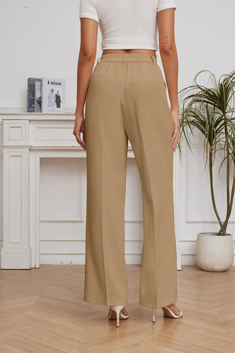 FUNYYZO Women Suit Pants Wide Leg Pants High Elastic Waisted in The Back Business Work Trousers Long Straight