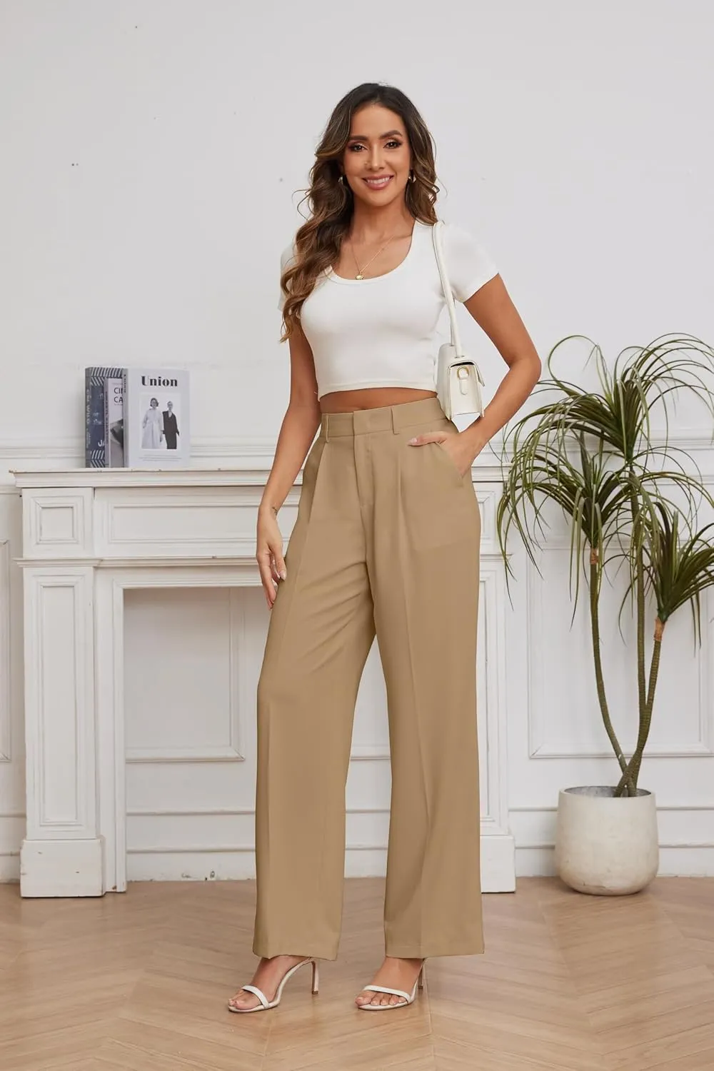 FUNYYZO Women Suit Pants Wide Leg Pants High Elastic Waisted in The Back Business Work Trousers Long Straight