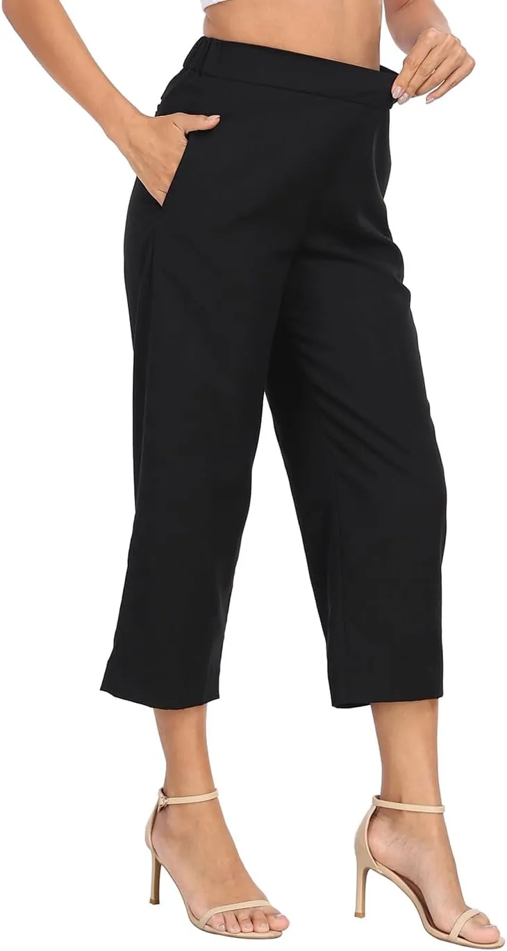 HDE Women's Pull On Linen Capri Pants Cropped High Waisted Summer Capris