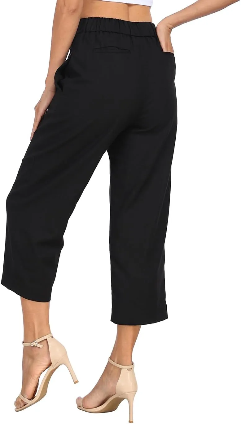 HDE Women's Pull On Linen Capri Pants Cropped High Waisted Summer Capris