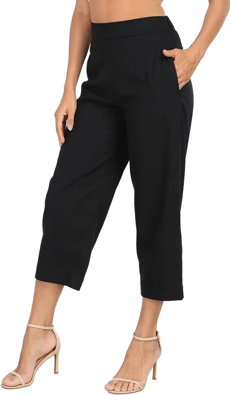 HDE Women's Pull On Linen Capri Pants Cropped High Waisted Summer Capris