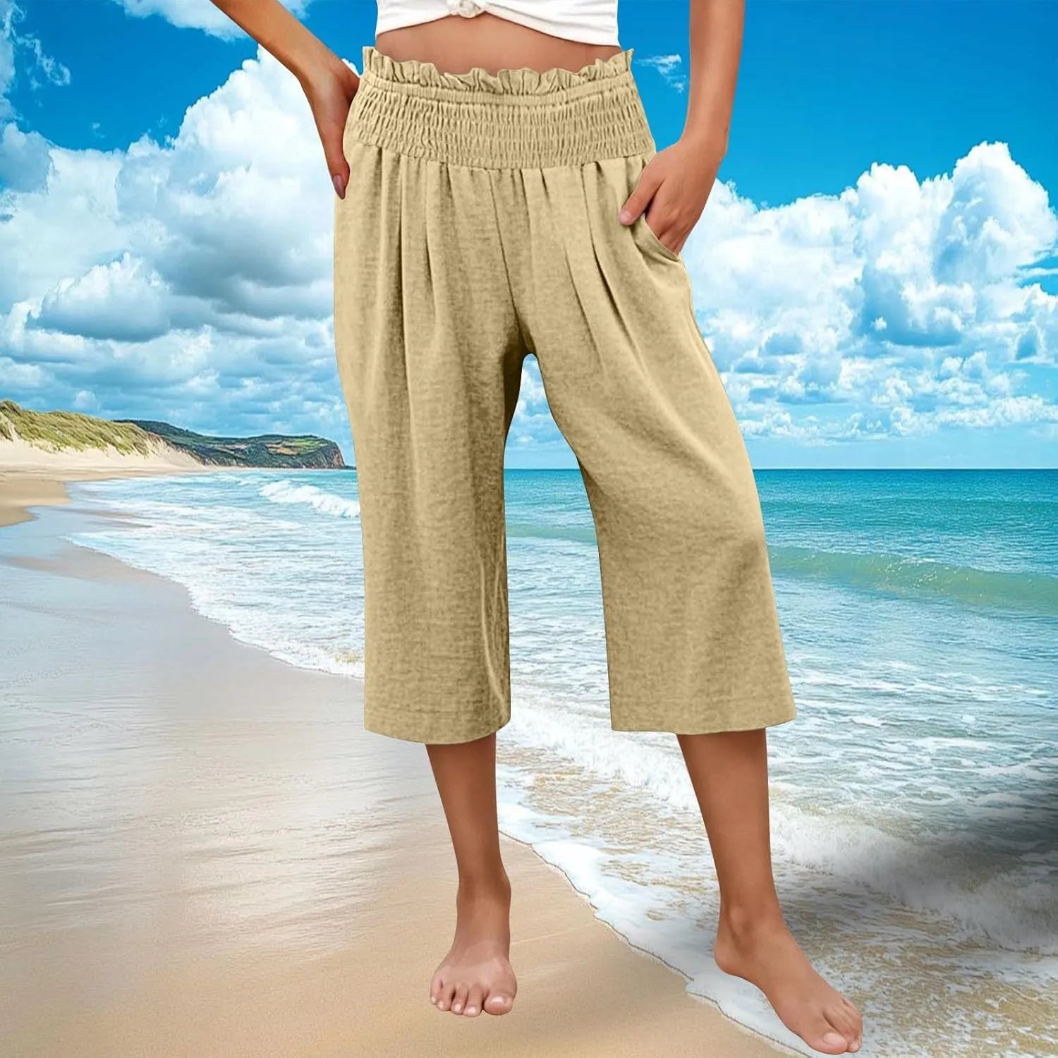 High Waisted Palazzo Pants for Women Wide Leg Linen Capri Pant Casual Summer Beach Cropped Trousers with Pockets