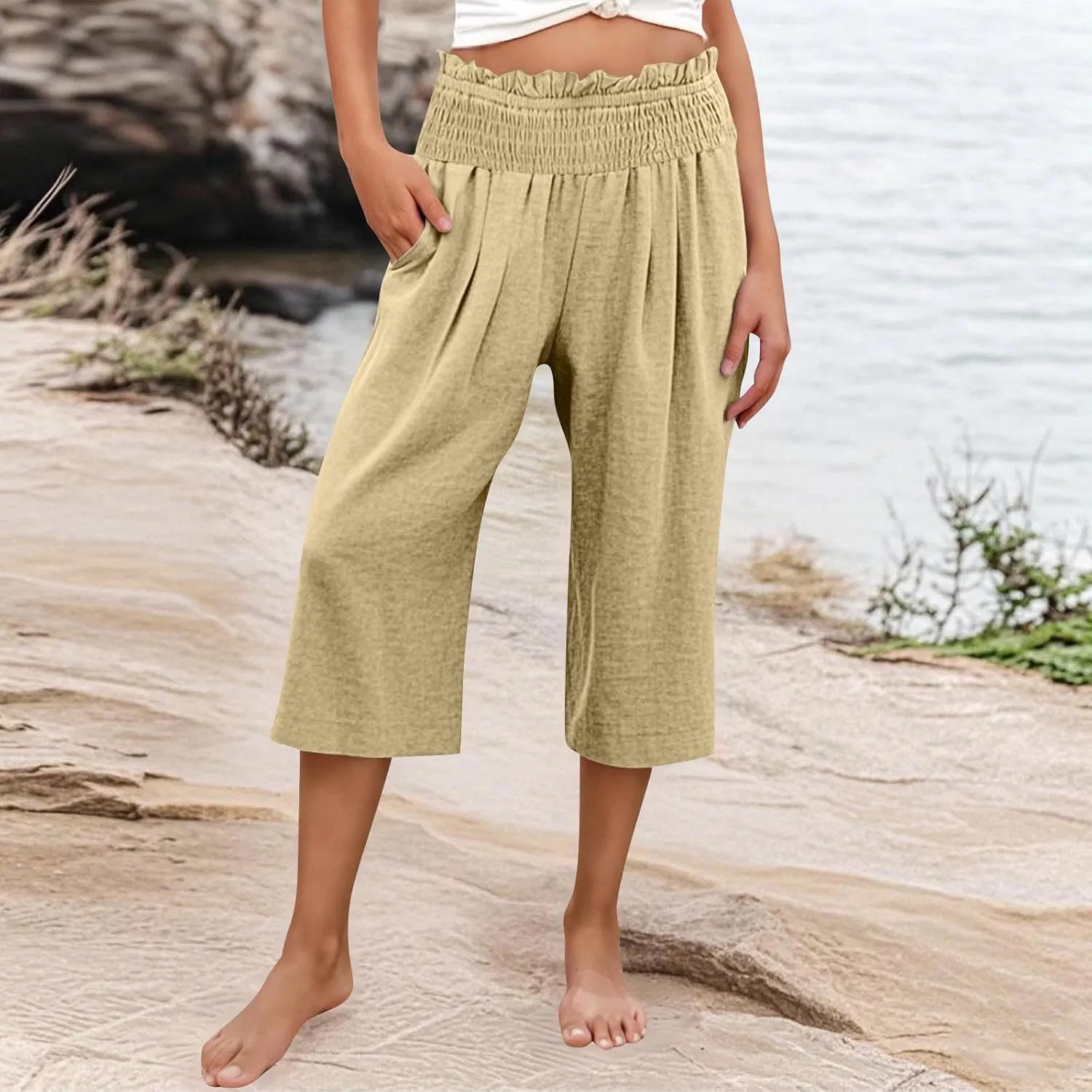 High Waisted Palazzo Pants for Women Wide Leg Linen Capri Pant Casual Summer Beach Cropped Trousers with Pockets