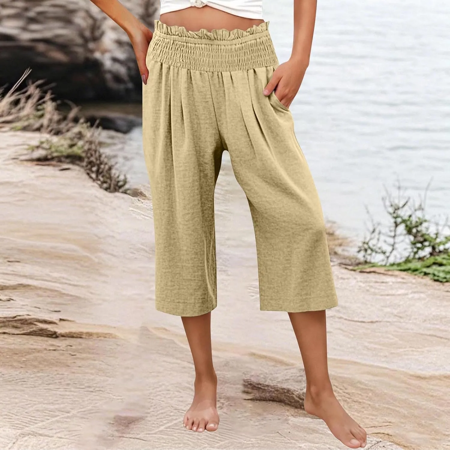 High Waisted Palazzo Pants for Women Wide Leg Linen Capri Pant Casual Summer Beach Cropped Trousers with Pockets